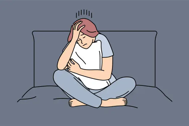 Vector illustration of Melancholic woman is sad sitting on bed and hugging pillow after quarrel with boyfriend