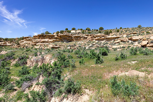 Extreme terrain in a rocky canyon with sagebrush and blue-sky during spring in southwest Colorado desert landscape, USA.