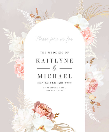 Flower and dried plants vector design round frame. Wedding watercolor flowers. Ivory white magnolia, orchid, ranunculus, blush rose, dried palm, pampas grass card. Elements are isolated and editable