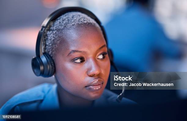 Safety Security Or Woman In Call Center For Emergency Or Legal Service Thinking Of Danger In Office At Night Worker Law Patrol Or Face Of Female Police Contact Agent With Headset For Communication Stock Photo - Download Image Now