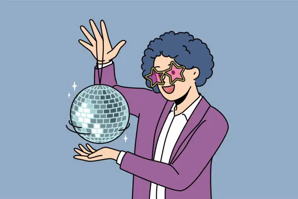 Vector illustration of Funny man with disco ball with curly wig on head came to nightclub or dance floor to have fun