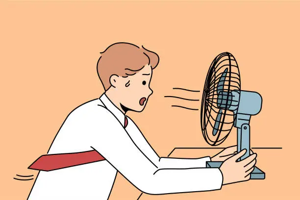 Vector illustration of Sweaty man sits in front of fan enjoying cold wind from electric climate control equipment