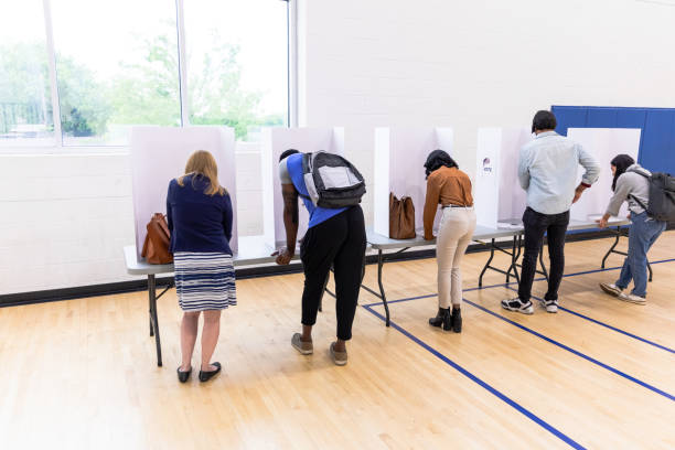 Rear view diverse people voting in private booths A rear view photo of a multiracial group of people writing their choices on their ballots in private voting booths set up on a long table. early voting stock pictures, royalty-free photos & images