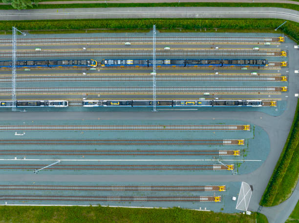 istock Railway yard with trains seen from above 1592140382