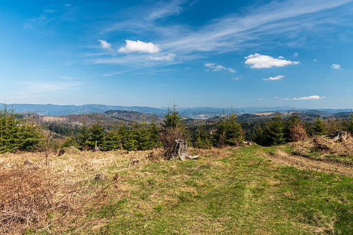 View from Jakubovsky vrch hill in Javorniky mountains in Slovakia during beautiful springtime day