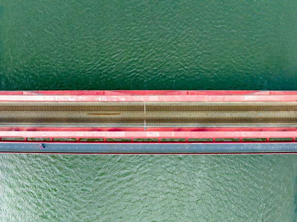 istock Empty railroad tracks on a railway bridge over a river g seen from above 1592142152