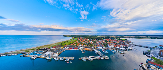 Aerial view of city and landscape on Funen. \