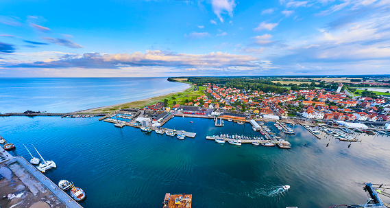 Aerial view of city and landscape on Funen. \