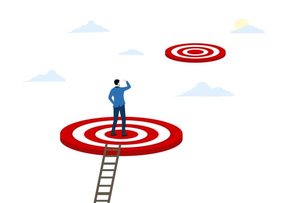 istock concept Challenging higher achievement or target, way forward or next level, business goal or aspiration, successful entrepreneur climbing ladder of goal achievement and looking for next bigger step. 1592156681