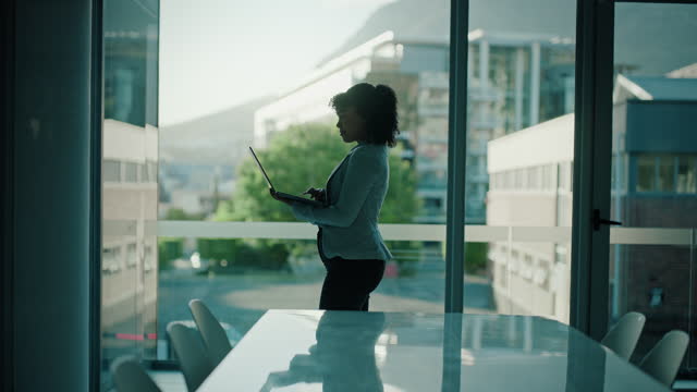 Business woman, laptop and planning in office window for company agenda, schedule or agenda online. Professional person, employee or HR worker on computer in workplace for career research and email