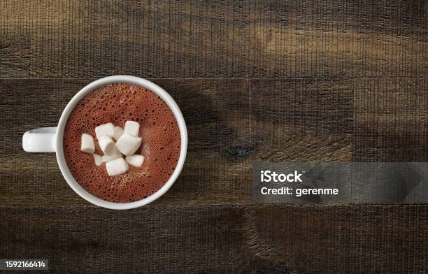 Hot Chocolate On Wooden Table Top Stock Photo - Download Image Now - Hot Chocolate, Coffee - Drink, High Angle View
