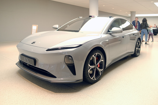 electric SUV from Chinese brand Nio, all-electric sedan ET5 in Studio, elegance electric vehicle in showroom, zero-emission transportation concept, electric car innovation, Frankfurt - July 1, 2023