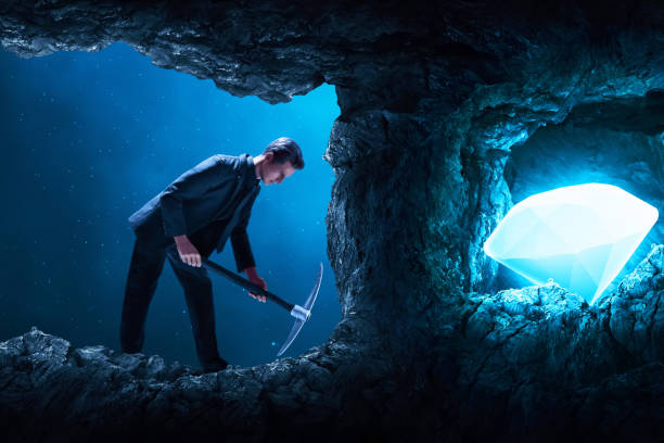 Business man digging big diamond with pickaxe 3d illustration