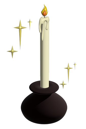 Horizontal illustration of a wax burning candle. 3d element on a black background, minimalistic long candle for prayers and light, natural lighting.