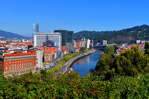 View of Bilbao and the Nervion estuary from the Etxebarria Park.. Bilbao. Basque Country. Spain