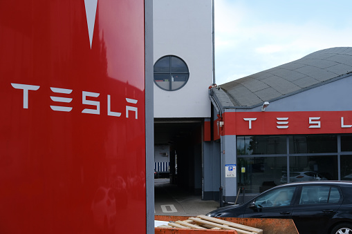Tesla office, service station, American electric car manufacturer Elon Musk, current and major repairs, alternative energy development concept, electric vehicle production, Frankfurt - May 2023