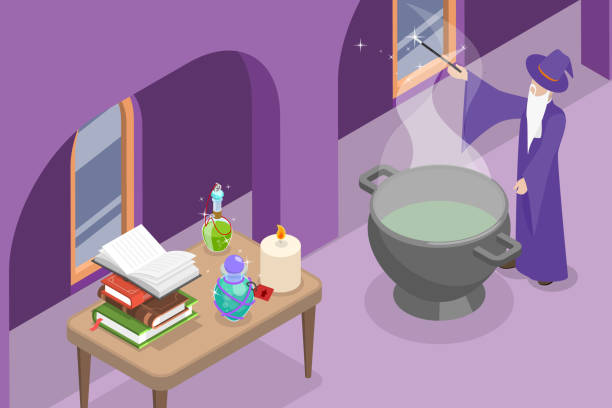 ilustrações de stock, clip art, desenhos animados e ícones de 3d isometric flat vector conceptual illustration of wizard magical laboratory - basement witch dungeon cauldron