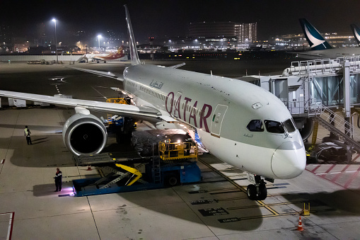 Hong Kong - February 20, 2023 : Qatar Airways Boeing 787 Dreamliner at Hong Kong International Airport.