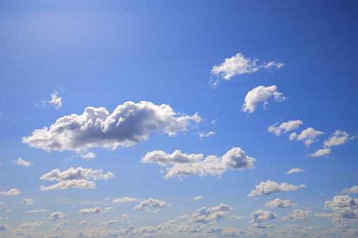 Panoramic image of white clouds in a blue sky in summer.