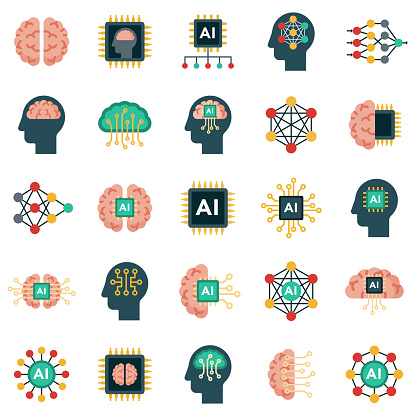 A set of artificial intelligence (AI) icons. Color swatches are global so it’s easy to edit and change the colors.