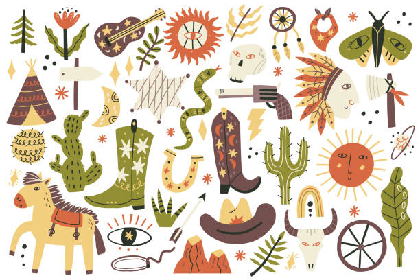 Hand Drawn wild west vector set Hand Drawn Wild West vector set. Collection western cowboy desert snake stock illustrations