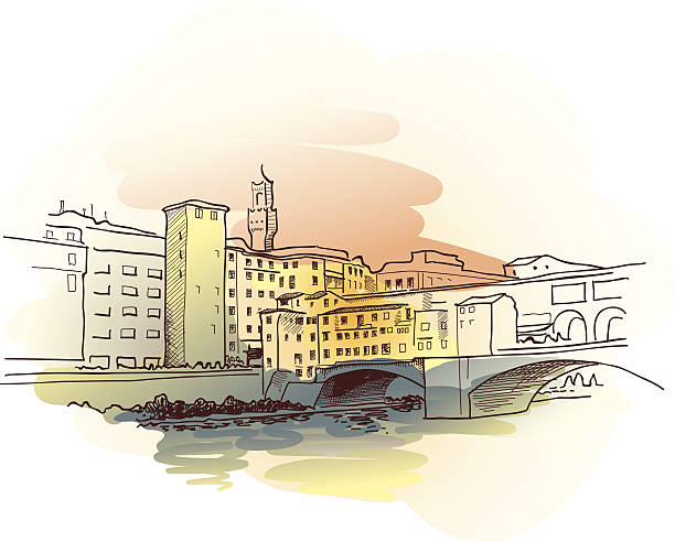 ilustraciones, imágenes clip art, dibujos animados e iconos de stock de ponte vecchio de acuarela - florence italy italy bridge international landmark