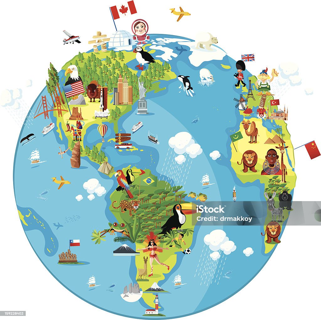Kreskówka Mapa świata (Ameryka) - Grafika wektorowa royalty-free (Mapa)