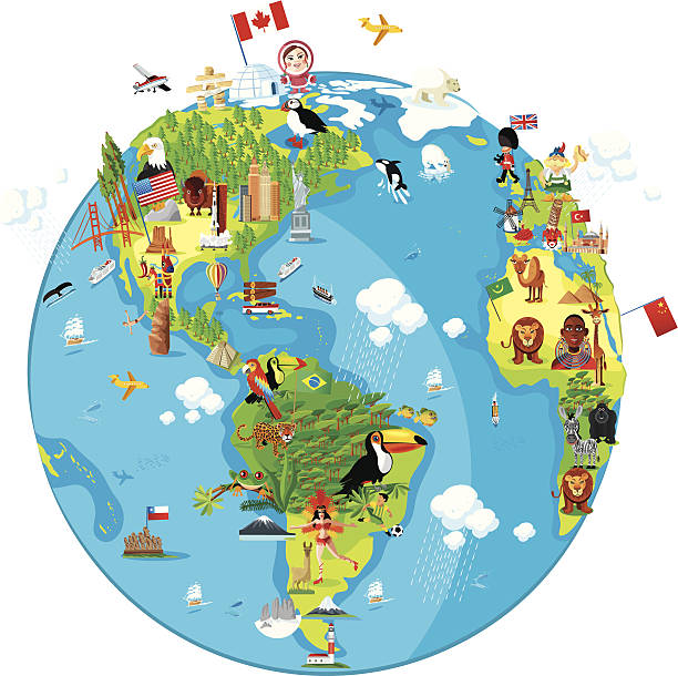 Cartoon map of World (America) Cartoon of World (America) easter island map stock illustrations
