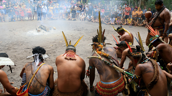 Nazaré da Mata, Pernambuco, Brazil - February 20, 2023:Rural Maracatu performers known as caboclos de lança (spear caboclos) in 2023 Brazilian carnival.