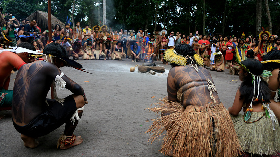 porto seguro, bahia, brazil - august 1, 2023: Etina Pataxo Indians seen during the Aragwaka festival in the Jaqueira village in the city of Porto Seguro.