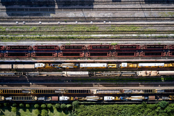 istock Aerial view freight trains and rails at the station 1592320144