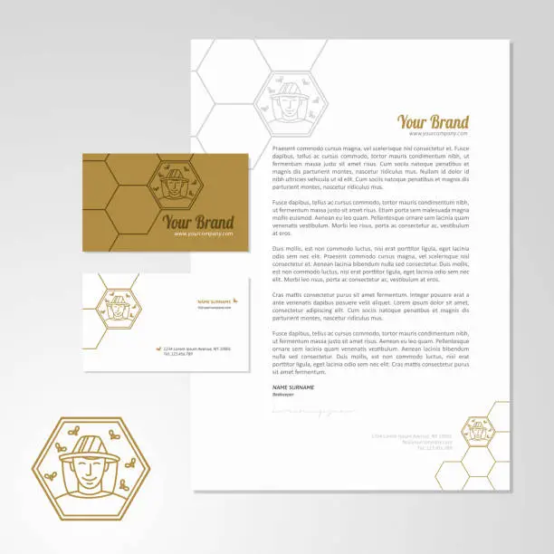 Vector illustration of Beekeeper logo design with business card and letterhead