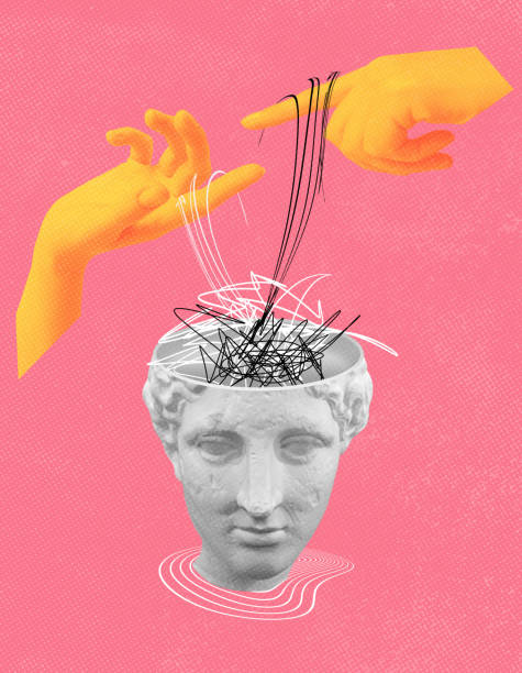 Abstract human brain and human hands, drawn style. Creative idea symbol, art design or collage. Mental Health concept