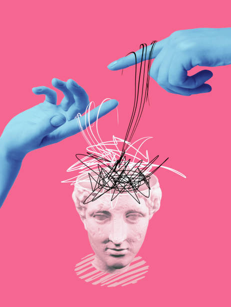 istock Abstract human brain and human hands, drawn style. Creative idea symbol, art design or collage. Mental Health concept 1592335372