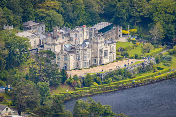 Aerial view of Kylemore Abbey and Victorian Walled Garden vintage castle stock photo