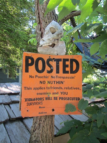 Humorous No Trespassing sign nailed to a tree