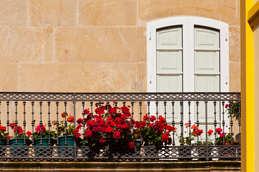 Balcony decorated with flower pots, cast iron railing, red geraniums. Stone house. Noia, A Coruña province, Galicia, Spain.