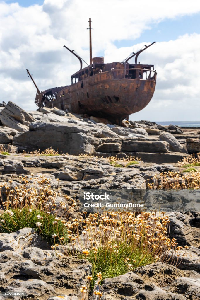 Famous shipwreck boat at Inisheer Aran Islands Ireland Famous shipwreck boat at Inisheer Aran Islands Ireland summer day Abandoned Stock Photo