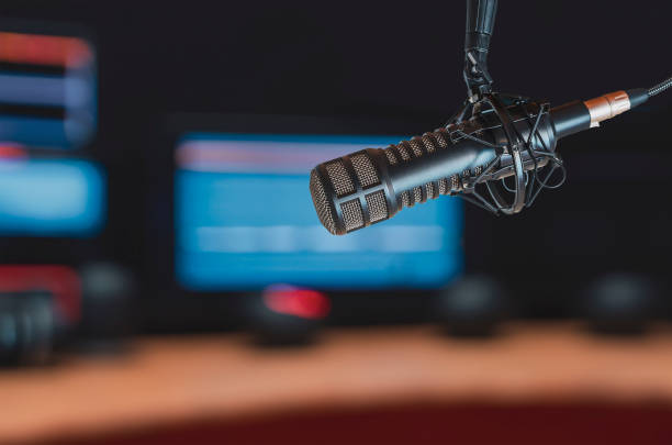 istock Professional microphone in radio studio 1592388428