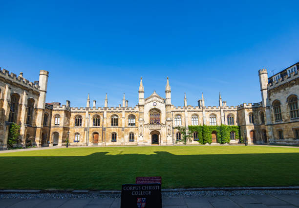 Cambridge UK 13th June 2023 \nExterior of the beautiful 14th century Corpus Christie College on a sunny day with blue sky. \nThis is the traditional architecture of Corpus Christi College, a constituent college of Cambridge University