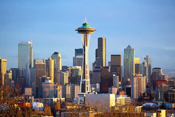 Sunset view of Seattle skyline with Space Needle, WA, USA