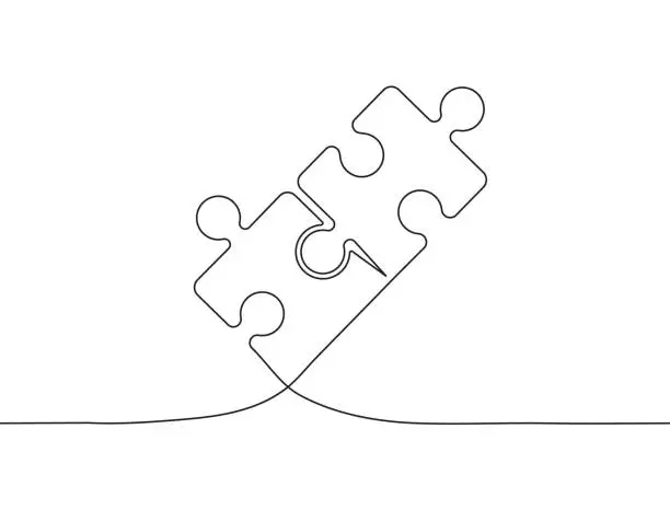 Vector illustration of Puzzles continuous line art puzzle game. Metaphor of problem solving, solution, and strategy.