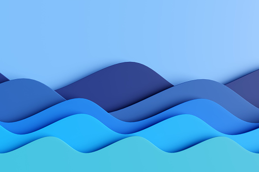 Layers of paper cutting of curvy waves in blue shades. Illustration as origami design element for website template background and slide show presentation background