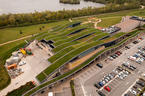 Skelton Lake Service Station, Leeds, UK - May 4, 2023.  Aerial view of the extensive wildflower green or living roof at the Skelton Lake motorway services near Leeds.