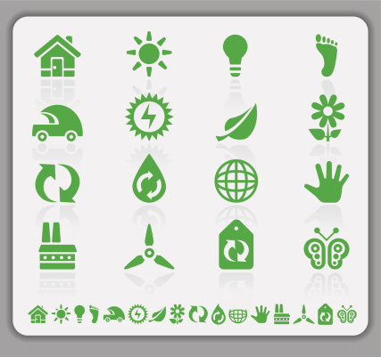 Eco green icons with shadow . Image contains transparency in shadow. 10 EPS