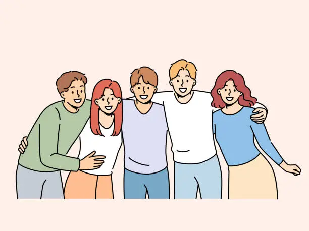 Vector illustration of Group of teenagers high school students hug and laugh, enjoy being friends with peers and classmates