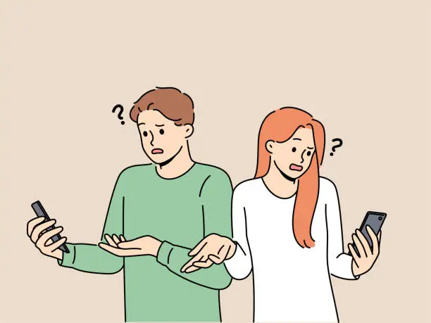 Vector illustration of Embarrassed people with phone see error connecting to internet wifi or dead battery of gadget shrug