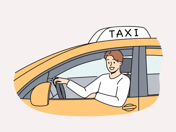 Vector illustration of Man sits behind wheel of TAXI car and looks out window making career as public transport driver