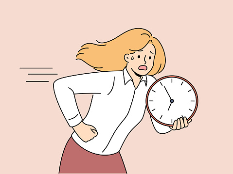 Running woman is holding clock and is nervous trying to comply with deadlines and complete work on time. Business woman making career as manager is in hurry to not be late and meet deadlines.