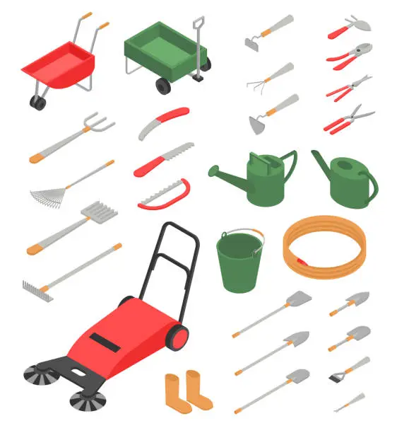 Vector illustration of Gardening Tools Isometric Vector Set